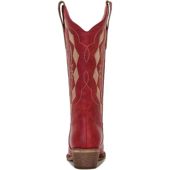 Women’s Faux Leather Mid Calf Red Embroidery Stacked Heel Western Boots - Picture 4 of 7